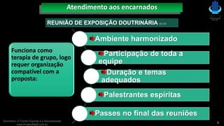 Seminário: O Centro Espírita e a Desobsessão
www.ProjetoMpM.com.br
5
REUNIÃO DE EXPOSIÇÃO DOUTRINÁRIA (3) (4)
Atendimento aos encarnados
Ambiente harmonizado
Participação de toda a
equipe
Duração e temas
adequados
Palestrantes espíritas
Passes no final das reuniões
Funciona como
terapia de grupo, logo
requer organização
compatível com a
proposta:
 