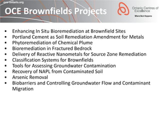 OCE Brownfields Projects
•   Enhancing In Situ Bioremediation at Brownfield Sites
•   Portland Cement as Soil Remediation Amendment for Metals
•   Phytoremediation of Chemical Plume
•   Bioremediation in Fractured Bedrock
•   Delivery of Reactive Nanometals for Source Zone Remediation
•   Classification Systems for Brownfields
•   Tools for Assessing Groundwater Contamination
•   Recovery of NAPL from Contaminated Soil
•   Arsenic Removal
•   Biobarriers and Controlling Groundwater Flow and Contaminant
    Migration
 