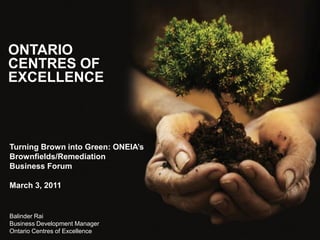 ONTARIO
CENTRES OF
EXCELLENCE



Turning Brown into Green: ONEIA’s
Brownfields/Remediation
Business Forum

March 3, 2011


Balinder Rai
Business Development Manager
Ontario Centres of Excellence
 