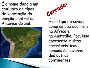 É um tipo de savana, como as que ocorrem na África e na Austrália. Por, isso apresenta muitas características comuns às savanas dos outros continentes.  É o nome dado a um conjunto de tipos de vegetação da porção central da América do Sul. Cerrado: 