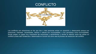 Los conflictos son situaciones en las que dos o más personas entran en oposición o desacuerdo porque sus
posiciones, intereses, necesidades, deseos o valores son incompatibles, o son percibidos como incompatibles,
donde juegan un papel muy importante las emociones y sentimientos y donde la relación entre las partes en
conflicto puede salir fortalecida o deteriorada en función de cómo sea el proceso de resolución del conflicto
CONFLICTO
 