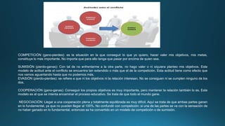 COMPETICIÓN (gano-pierdes): es la situación en la que conseguir lo que yo quiero, hacer valer mis objetivos, mis metas,
constituye lo más importante. No importa que para ello tenga que pasar por encima de quien sea.
SUMISIÓN (pierdo-ganas): Con tal de no enfrentarme a la otra parte, no hago valer o ni siquiera planteo mis objetivos. Este
modelo de actitud ante el conflicto se encuentra tan extendido o más que el de la competición. Esta actitud tiene como efecto que
nos vamos aguantando hasta que no podemos más.
EVASIÓN (pierdo-pierdes): se refiere a que ni los objetivos ni la relación interesan. No se consiguen ni se cumplen ninguno de los
dos.
COOPERACIÓN (gano-ganas): Conseguir los propios objetivos es muy importante, pero mantener la relación también lo es. Este
modelo es al que se intenta encaminar el proceso educativo. Se trata de que todo el mundo gane.
NEGOCIACIÓN: Llegar a una cooperación plena y totalmente equilibrada es muy difícil. Aquí se trata de que ambas partes ganen
en lo fundamental, ya que no pueden llegar al 100%. No confundir con competición: si una de las partes se va con la sensación de
no haber ganado en lo fundamental, entonces se ha convertido en un modelo de competición o de sumisión.
 