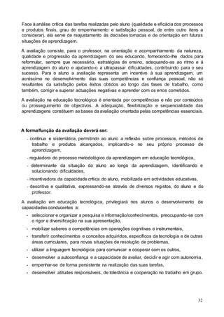 32
Face à análise crítica das tarefas realizadas pelo aluno (qualidade e eficácia dos processos
e produtos finais, grau de empenhamento e satisfação pessoal, de entre outro itens a
considerar), ela serve de reajustamento às decisões tomadas e de orientação em futuras
situações de aprendizagem.
A avaliação consiste, para o professor, na orientação e acompanhamento da natureza,
qualidade e progressão da aprendizagem do seu educando, fornecendo-lhe dados para
reformular, sempre que necessário, estratégias de ensino, adequando-as ao ritmo e à
aprendizagem do aluno e ajudando-o a ultrapassar dificuldades, contribuindo para o seu
sucesso. Para o aluno a avaliação representa um incentivo à sua aprendizagem, um
acréscimo no desenvolvimento das suas competências e confiança pessoal, não só
resultantes da satisfação pelos êxitos obtidos ao longo das fases de trabalho, como
também, corrigir e superar actuações negativas e aprender com os erros cometidos.
A avaliação na educação tecnológica é orientada por competências e não por conteúdos
ou prosseguimento de objectivos. A adequação, flexibilização e sequencialidade das
aprendizagens constituem as bases da avaliação orientada pelas competências essenciais.
A forma/função da avaliação deverá ser:
− contínua e sistemática, permitindo ao aluno a reflexão sobre processos, métodos de
trabalho e produtos alcançados, implicando-o no seu próprio processo de
aprendizagem,
− reguladora do processo metodológico da aprendizagem em educação tecnológica,
− determinante da situação do aluno ao longo da aprendizagem, identificando e
solucionando dificuldades,
− incentivadora da capacidade crítica do aluno, mobilizada em actividades educativas,
− descritiva e qualitativa, expressando-se através de diversos registos, do aluno e do
professor.
A avaliação em educação tecnológica, privilegiará nos alunos o desenvolvimento de
capacidades conducentes a:
- seleccionar e organizar a pesquisa e informação/conhecimentos, preocupando-se com
o rigor e diversificação na sua apresentação,
- mobilizar saberes e competências em operações cognitivas e instrumentais,
- transferir conhecimentos e conceitos adquiridos, específicos da tecnologia e de outras
áreas curriculares, para novas situações de resolução de problemas,
- utilizar a linguagem tecnológica para comunicar e cooperar com os outros,
- desenvolver a autoconfiança e a capacidade de avaliar, decidir e agir com autonomia,
- empenhar-se de forma persistente na realização das suas tarefas,
- desenvolver atitudes responsáveis, de tolerância e cooperação no trabalho em grupo.
 