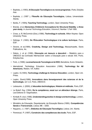 34
• Baptista, J. (1993), A Educação Tecnológica e os novosprogramas, Porto, Edições
Asa.
• Baptista, J. (1997 ), Filosofia da Educação Tecnológica, Lisboa, Universidade
Aberta.
• Banks, F. (1994), Teaching Technology, London, Open University Press.
• Brenda. et al, Elementary Children/s Conceptions for Structural Stability: a three
year study, in Journal Technology Education, Volume II, Number 1,Fall 1999.
• Cross, a. R. McCormick (Eds.) (1986), Technology in schools, Milton Keynes: Open
University Press.
• Deforge, Y. (1993), De l’Éducation Technologique à la culture technique, Paris,
ESF.
• Devore, et al,(1989), Creativity, Design and Technology, Massachusetts, Davis
Publications, Inc.
• Delors, J. et al. (1996), Educação um tesouro a descobrir – Relatório para a
UNESCO da Comissão Internacional sobre a Educação para o século XXI, Porto,
Edições Asa.
• Font, J. (1996), La enseñanzade Tecnologia en la ESO, Barcelona, Eumo Octaedro.
• International Technology Education Association (1996), Technology for All
Americans, Reston, VA: Author.
• Layton, D.(1993), Technology challenge to Science Education, London, Open Uni.
Press.
• Layton, David,(1988), Innovations dans l/enseignement des sciences et de la
technologie, vol I e 2, Paris, UNESCO.
• Lebeaume, J. (2000), L’éducation technologique, Histoire et méthode, Paris, ESF.
• Le Boterf, Guy (1994), De la compétence, essai sur un attracteur étrange, Paris,
Les Editions D / Organisation.
• Kimbell, R. et al. (1996), Understandingpractice in design and technology, London,
Open University Press.
• Ministério da Educação, Departamento da Educação Básica (1999), Competências
Gerais e Transversais, Lisboa, ME – DEB.
• Nogueira, J. ( 1997 ), Didáctica de Educação Tecnológica, Lisboa, Uni. Aberta.
• Perrenoud, P. (1997), Construire des compétences des école, Paris, ESF.
 