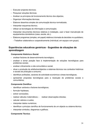 24
- Executar projectos técnicos;
- Pesquisar soluções técnicas;
- Analisar os princípios de funcionamento técnico dos objectos;
- Organizar informações técnicas;
- Elaborar desenhos simples de comunicação técnica normalizada;
- Interpretar esquemas técnico;
- Utilizar as tecnologias de informação e comunicação;
- Interpretar documentos técnicos relativos à instalação, usar e fazer manutenção de
equipamentos domésticos (casa, escola, etc.);
- Elaborar programas (simples, em papel) relativos à tomada de decisões no quotidiano;
- Trabalhar colaborativa e cooperativamente (individual, em equipa e em grupo).
Experiências educativas genéricas - Sugestões de situações de
aprendizagem
Componente Histórica e Social:
- analisar factores de desenvolvimento tecnológico;
- analisar e tomar posição face à implementação de soluções tecnológicas para
problemas sociais;
- analisar criticamente a vida comunitária e social;
- situar a produção de artefactos/objectos e sistemas técnicos nos contextos históricos
e sociais de produção e consumo;
- identificar profissões, sectores de actividade económica e áreas tecnológicas;
- apresentar propostas tecnológicas para a resolução de problemas sociais e
comunitários;
Componente Científica:
- identificar variáveis e factores tecnológicos;
- formular hipóteses;
- extrair conclusões;
- realizar cálculos matemáticos; - realizar observações directas;
- calcular valores e custos;
- interpretar dados numéricos;
- identificar o princípio científico de funcionamento de um objecto ou sistema técnico;
- interpretar símbolos, diagramas e gráficos;
Componente Técnica:
 