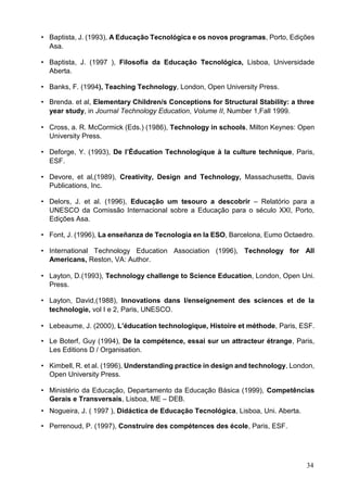 34
• Baptista, J. (1993), A Educação Tecnológica e os novos programas, Porto, Edições
Asa.
• Baptista, J. (1997 ), Filosofia da Educação Tecnológica, Lisboa, Universidade
Aberta.
• Banks, F. (1994), Teaching Technology, London, Open University Press.
• Brenda. et al, Elementary Children/s Conceptions for Structural Stability: a three
year study, in Journal Technology Education, Volume II, Number 1,Fall 1999.
• Cross, a. R. McCormick (Eds.) (1986), Technology in schools, Milton Keynes: Open
University Press.
• Deforge, Y. (1993), De l’Éducation Technologique à la culture technique, Paris,
ESF.
• Devore, et al,(1989), Creativity, Design and Technology, Massachusetts, Davis
Publications, Inc.
• Delors, J. et al. (1996), Educação um tesouro a descobrir – Relatório para a
UNESCO da Comissão Internacional sobre a Educação para o século XXI, Porto,
Edições Asa.
• Font, J. (1996), La enseñanza de Tecnologia en la ESO, Barcelona, Eumo Octaedro.
• International Technology Education Association (1996), Technology for All
Americans, Reston, VA: Author.
• Layton, D.(1993), Technology challenge to Science Education, London, Open Uni.
Press.
• Layton, David,(1988), Innovations dans l/enseignement des sciences et de la
technologie, vol I e 2, Paris, UNESCO.
• Lebeaume, J. (2000), L’éducation technologique, Histoire et méthode, Paris, ESF.
• Le Boterf, Guy (1994), De la compétence, essai sur un attracteur étrange, Paris,
Les Editions D / Organisation.
• Kimbell, R. et al. (1996), Understanding practice in design and technology, London,
Open University Press.
• Ministério da Educação, Departamento da Educação Básica (1999), Competências
Gerais e Transversais, Lisboa, ME – DEB.
• Nogueira, J. ( 1997 ), Didáctica de Educação Tecnológica, Lisboa, Uni. Aberta.
• Perrenoud, P. (1997), Construire des compétences des école, Paris, ESF.
 