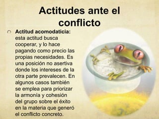 Actitudes ante el
conflicto
Actitud acomodaticia:
esta actitud busca
cooperar, y lo hace
pagando como precio las
propias necesidades. Es
una posición no asertiva
donde los intereses de la
otra parte prevalecen. En
algunos casos también
se emplea para priorizar
la armonía y cohesión
del grupo sobre el éxito
en la materia que generó
el conflicto concreto.
 