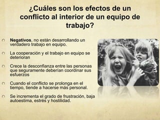 ¿Cuáles son los efectos de un
conflicto al interior de un equipo de
trabajo?
Negativos, no están desarrollando un
verdadero trabajo en equipo.
La cooperación y el trabajo en equipo se
deterioran
Crece la desconfianza entre las personas
que seguramente deberían coordinar sus
esfuerzos
Cuando el conflicto se prolonga en el
tiempo, tiende a hacerse más personal.
Se incrementa el grado de frustración, baja
autoestima, estrés y hostilidad.
 