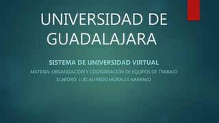 UNIVERSIDAD DE
GUADALAJARA
SISTEMA DE UNIVERSIDAD VIRTUAL
MATERIA: ORGANIZACIÓN Y COORDINACIÓN DE EQUIPOS DE TRABAJO
ELABORÓ: LUIS ALFREDO MORALES NARANJO
 