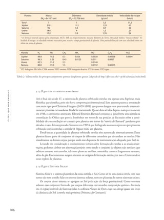 Océuquenosenvolve
106
5.1.3 O que são sistemas planetários?
Até o final do século 17, a existência de planetas orbitando estrelas era apenas uma hipótese, mais
filosófica que científica, pois não havia comprovação observacional. Este assunto passou a ser tratado
com mais rigor por Christian Huygens (1629-1695), que passou longos anos procurando sistemati-
camente planetas extrassolares. Nada foi encontrado. Quase dois séculos depois, mais precisamente
em 1916, o astrônomo americano Edward Emerson Barnard comunica a descoberta uma estrela na
constelação do Ofiúco que parecia bambolear em torno de sua posição. A discussão sobre a possi-
bilidade de essa oscilação ser causada por planetas em torno da "estrela de Barnard" perdurou por
décadas e nada foi comprovado. Somente em 1995 é que foi logrado sucesso na procura por planetas
orbitando outras estrelas: a estrela 51 Pégaso tinha um planeta.
Desde então, a quantidade de planetas orbitando estrelas têm aumentado sistematicamente. Esses
planetas fazem parte de conjuntos de corpos de diferentes tamanhos que circundam as estrelas. Não
visualizamos os demais corpos porque ainda não dispomos de instrumentação adequada para fazê-lo.
Levando em consideração o conhecimento teórico sobre formação de estrelas a as atuais obser-
vações, podemos definir um sistema planetário como sendo o conjunto de objetos não estelares que
orbitam uma ou mais estrelas, tal como planetas, satélites, asteroides, cometas fragmentos menores,
além de gás. Esses sistemas surgem durante os estágios de formação estelar, por isso o Universo deve
estar repleto de planetas.
5.1.4 O que é Sistema Solar?
Sistema Solar é o sistema planetário da nossa estrela, o Sol. Como só há uma única estrela com esse
nome não tem sentido falar em outros sistemas solares, nem em planetas de outros sistemas solares.
Os corpos desse sistema se agregam ao Sol pela ação da força gravitacional. Como veremos
adiante, esse conjunto é formado por corpos diferentes em tamanho, composição química, distância
etc. A região limítrofe do Sistema Solar é a esférica Nuvem de Oort, cujo raio atinge quase um terço
da distância do Sol à estrela mais próxima (Próxima do Centauro).
* A Terra foi inserida apenas para comparação. MÅ e DÅ são, respectivamente, massa e diâmetro da Terra. Densidade média é "massa/volume". Ve-
locidade de escape é a velocidade mínima necessária para vencer o campo gravitacional do planeta. Uma partícula lançada com essa velocidade entra em
órbita em torno do planeta.
Tabela 2- Valores médios dos principais componentes químicos dos planetas gasosos (adaptado de http://filer.case.edu/~sjr16/advanced/index.html).
* H2: hidrogênio, He: hélio, CH4: metano, NH3: amônia, HD: hidrogênio-deutério, C2H6: etano, H2O: água
Planeta H2
He CH4
NH3
HD C2
H6
H2
O
Júpiter 89.8 10.2 0.3 0.026 0.0028 0.00058 0.0004
Saturno 96.3 3.25 0.45 0.0125 0.011 0.0007
Urano 82.5 15.2 2.3 0.0148
Netuno 80.0 19.0 1.5 0.0192 0.00015
Planeta Massa
(MÅ
=6×1021
ton)
Diâmetro
(DÅ
= 12.756 km)
Densidade média
(g/cm3
)
Velocidade de escape
(km/s)
Terra* 1 1 5,5 11,2
Júpiter 318 11,2 1,33 61
Saturno 95 9,4 0,7 36
Urano 14,6 4 1,3 21
Netuno 17,2 3.9 1,76 24
 