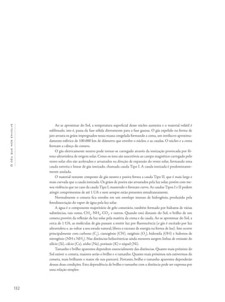 Océuquenosenvolve
132
Ao se aproximar do Sol, a temperatura superficial desse núcleo aumenta e o material volátil é
sublimado, isto é, passa da fase sólida diretamente para a fase gasosa. O gás expelido na forma de
jato arrasta os grãos impregnados nessa massa congelada formando a coma, um invólucro aproxima-
damente esférico de 100.000 km de diâmetro que envolve o núcleo, e as caudas. O núcleo e a coma
formam a cabeça do cometa.
O gás eletricamente neutro pode tornar-se carregado através da ionização provocada por fó-
tons ultravioleta de origem solar. Como os íons são suscetíveis ao campo magnético carregado pelo
vento solar eles são acelerados e arrastados na direção de expansão do vento solar, formando uma
cauda estreita e linear de gás ionizado, chamada cauda Tipo I. A cauda ionizada é predominante-
mente azulada.
O material restante composto de gás neutro e poeira forma a cauda Tipo II, que é mais larga e
mais curvada que a cauda ionizada. Os grãos de poeira são arrastados pela luz solar, porém com me-
nos violência que no caso da cauda Tipo I, mantendo o formato curvo.As caudas Tipos I e II podem
atingir comprimentos de até 1 UA e nem sempre estão presentes simultaneamente.
Normalmente o cometa fica envolto em um envelope imenso de hidrogênio, produzido pela
fotodissociação do vapor de água pela luz solar.
A água é o componente majoritário de gelo cometário, também formado por hidratos de várias
substâncias, tais como, CH3
, NH4
, CO2
, e outros. Quando está distante do Sol, o brilho de um
cometa provém da reflexão da luz solar pela matéria da coma e da cauda. Ao se aproximar do Sol, a
cerca de 1 UA, as moléculas de gás passam a emitir luz por fluorescência (o gás é excitado por luz
ultravioleta e, ao voltar a seu estado natural, libera o excesso de energia na forma de luz). Isto ocorre
principalmente com carbono (C2
), cianogênio (CN), oxigênio (O2
), hidroxila (OH) e hidretos de
nitrogênio (NH e NH2
). Nas distâncias heliocêntricas ainda menores surgem linhas de emissão do
silício (Si), cálcio (Ca), sódio (Na), potássio (K) e níquel (Ni).
Tamanho e brilho aparentes dependem essencialmente das distâncias. Quanto mais próximo do
Sol estiver o cometa, maiores serão o brilho e o tamanho. Quanto mais próximos nós estivermos do
cometa, mais brilhante e maior ele nos parecerá. Portanto, brilho e tamanho aparentes dependerão
dessas duas condições. Esta dependência de brilho e tamanho com a distância pode ser expressa por
uma relação simples:
 