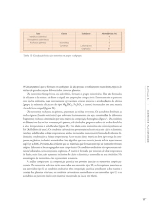 141
Capítulo5/SISTEMASPLANETÁRIOS
Widmanstätten) que se formam em ambientes de alta pressão e resfriamento muito lento, típicos de
núcleo de grandes corpos diferenciados, como os planetas.
Os meteoritos ferropétreos, ou siderólitos, formam o grupo minoritário. Eles são formados
de silicatos e da mistura de ferro e níquel, em proporções comparáveis. Externamente se parecem
com rocha ordinária, mas internamente apresentam cristais escuros e arredondados de olivina
(grupo de minerais silicáticos do tipo Mg2
SiO4
, Fe2
SiO4
, e outros) incrustados em uma matriz
clara de ferro-níquel (figura 26).
Os meteoritos rochosos, ou pétreos, aparentam as rochas terrestres. Os acondritos lembram as
rochas ígneas (basalto vulcânico) que sofreram fracionamento, ou seja, constituídas de diferentes
fragmentos rochosos cimentados por uma matriz de composição homogênea (figura?). Os condritos
se diferenciam das rochas terrestres pela presença de côndrulos, pequenas esferas de rochas fundidas
a altas temperaturas e solidificadas (figura 26). Em idade, estes meteoritos são contemporâneos ao
Sol (4,6 bilhões de anos). Os condritos carbonáceos apresentam inclusões ricas em cálcio e alumínio,
também solidificadas a altas temperaturas, ambas incrustadas numa matriz formada de silicatos hi-
dratados, condensados a baixas temperaturas. A cor escura dessa matriz se deve à presença de com-
postos orgânicos, inclusive aminoácidos. Isto significa que essa matriz jamais sofreu aquecimento
superior a 200K. Portanto, fica evidente que os materiais que formam este tipo de meteorito tiveram
origens diferentes e foram agregados num corpo único. Os condritos ordinários não apresentam mi-
nerais hidratados, nem compostos orgânicos. A matriz é formada por minerais de alta temperatura
de fusão, mais clara, não apresenta inclusões de cálcio e alumínio, e assemelha-se aos côndrulos. Na
amostragem de meteoritos, eles representam a maioria.
A análise comparativa da composição química nos permite associar os meteoritos corpos pa-
rentais. Os meteoritos sideritos estão associados aos asteroides tipo M; os ferropétreos associam-se
aos asteroides tipo S; os condritos ordinários têm composição química semelhante a dos mantos e
crostas dos planetas telúricos; os condritos carbonáceos assemelham-se aos asteroides tipo C; e os
acondritos se parecem muito com material encontrado na Lua e em Marte.
Tipo Classe Subclasse Abundâncias (%)
Metálicos (sideritos) 4
Férropétreos (siderólitos) 1
Rochosos (pétreos) Acondritos 9
Condritos Carbonáceos 5
Ordinários 81
Tabela 12- Classificação básica dos meteoritos em grupos e subgrupos.
 