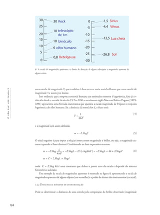 184
Océuquenosenvolve
uma estrela de magnitude 2, que também é duas vezes e meia mais brilhante que uma estrela de
magnitude 3 e assim por diante.
Isso evidencia que a resposta sensorial humana aos estímulos externos é logarítmica, fato já co-
nhecido desde a metade do século 19. Em 1856, o astrônomo inglês Norman Robert Pogson (1829-
1891) apresentou uma fórmula matemática que ajustava a escala magnitude de Hiparco à resposta
logarítmica do olho humano. Se a distância da estrela for d, o fluxo será:
F = L
4pd2
e a magnitude será assim definida:
m = –2,5logF
O sinal negativo é para impor a relação inversa entre magnitude e brilho, ou seja, a magnitude au-
menta quando o fluxo diminui. Combinando as duas expressões teremos:
m = –2,5log L = –2,5logL – 2,5 [–log4pd2
] = –2,5logL + 4p + 2,5logd2
4pd2
m = C – 2,5logL + 5logd
onde C = 2,5log 4p é uma constante que define o ponto zero da escala e depende do sistema
fotométrico adotado.
Um exemplo da escala de magnitudes aparentes é mostrado na figura 8, apresentando a escala de
magnitudes aparentes de alguns objetos (em vermelho) e o poder de alcance dos instrumentos (em azul).
7.2.5 Distâncias: métodos de determinação
Pode-se determinar a distância de uma estrela pela comparação do brilho observado (magnitude
8- A escala de magnitudes aparentes e o limite de detecção de alguns telescópios e magnitude aparente de
alguns astros.
30
20
10
0
25
15
5
18
0,8
6
30
10
Keck
telescópio
de 1m
binóculo
olho humano
Betelgeuse
Sirius
Vênus
Lua cheia
Sol
-30
-25
-20
-15
-10
-5
0 -1,5
-4,4
-12,5
-26,8
(4)
(5)
(6)
 