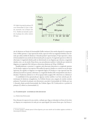 187
Capítulo7/Estrelas
ção de distâncias em função da luminosidade (brilho intrínseco) das estrelas depende da comparação
entre o brilho aparente e o tipo espectral da estrela, capaz de revelar sua magnitude absoluta. Esse mé-
todo, que utiliza módulo de distância, é chamado paralaxe2
espectroscópica. O tipo espectral e a classe
de luminosidade de uma estrela são determinados pelo seu espectro.A magnitude aparente se obtém da
observação. A magnitude absoluta pode ser determinada em um diagrama que relaciona a magnitude
absoluta com a cor da estrela. Dessa forma, esse procedimento também é conhecido por método do
diagrama cor-magnitude. Ele é útil para se determinar distâncias até 10 kpc (10.000 pc).
Simplificadamente, o processo é o seguinte: pela observação determina-se a magnitude aparente
(m) da estrela e registra-se seu espectro. Pela análise do espectro classifica-se a estrela em um dos tipos
espectrais. Em seguida, no diagrama cor-magnitude (figura 13) localiza-se o tipo espectral (eixo das
abscissas) da estrela em questão e determina-se a magnitude absoluta (M) correspondente (eixo das or-
denadas). Finalmente, substitui-se m e M na equação dada na página 181 e determina-se a distância d.
A variabilidade de luz apresentada por algumas estrelas também é um bom método para de-
terminação de distâncias extragalácticas. As Cefeidas formam uma categoria de estrelas variáveis
pulsantes. O período de pulsação está diretamente associado à luminosidade da Cefeida, por isso
é chamado relação período-luminosidade das Cefeidas (figura 10). Conhecendo-se o período de
pulsação (P), obtém-se a luminosidade (L).
7.3 Classificação - as estrelas não são iguais
7.3.1 Espectros Estelares
Para obtenção do espectro de uma estrela, a radiação que chega ao telescópio em forma de luz deve
ser dispersa em comprimento de onda por um espectrógrafo (da mesma forma que a luz branca é
2. O termo “paralaxe” é utilizado apenas de forma figurativa, pois nesse método não há medidas angulares envolvidas na
determinação de distâncias.
10- Gráfico do período de pulsação (P)
versus luminosidade (L) para a Cefei-
das, mostrando a boa correlação entre
P e L. Também são mostrados os perío­
dos de pulsação das estrelas variáveis
RR Lyrae.
 