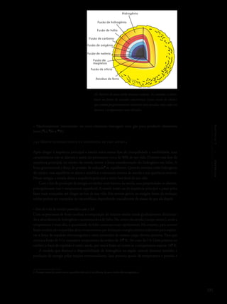 195
Capítulo7/Estrelas
• Nucleossíntese interestelar: os raios cósmicos interagem com gás para produzir elementos
leves (7
Li, 9
Be e 11
B).
7.4.3 Morte: estágios finais da existência de uma estrela
Após chegar à sequência principal a estrela entra numa fase de tranquilidade e estabilidade, suas
características não se alteram e assim ela permanece cerca de 90% de sua vida. Durante essa fase de
sequência principal, no núcleo da estrela ocorre a lenta transformação do hidrogênio em hélio. A
força gravitacional e força de pressão de radiação6
se equilibram. Quando termina todo hidrogênio
do núcleo, esse equilíbrio se altera e modifica a estrutura interna da estrela e sua aparência externa.
Nesse estágio, a estrela deixa a sequência principal e inicia fase final de sua vida.
Com o fim da produção de energia no núcleo mais interno da estrela, suas propriedades se alteram,
principalmente raio e temperatura superficial. A estrela então sai da sequência principal e passa pelas
fases mais avançadas até chegar ao fim de sua vida. Em termos gerais, os estágios finais da evolução
estelar podem ser tranquilos ou catastróficos, dependendo crucialmente da massa de que ela dispõe.
• Fim de vida de estrelas parecidas com o Sol
Com os processos de fusão nuclear, a composição do interior estelar muda gradualmente, diminuin-
do a abundância de hidrogênio e aumentando a de hélio.No centro da estrela (caroço estelar),onde a
temperatura é mais alta, a quantidade de hélio aumenta mais rapidamente. No entanto, para ocorrer
fusão nuclear são requeridas altas temperaturas que forneçam energia cinética suficiente para suplan-
tar a força de repulsão eletromagnética entre partículas de mesma carga elétrica positiva. Para que
ocorra a fusão do H é necessária temperatura da ordem de 107
K. No caso do He (dois prótons no
núcleo) a força de repulsão é maior ainda, por isso a fusão só ocorre se a temperatura superar 108
K.
À medida que diminui a disponibilidade de hidrogênio na região central, diminui também a
produção de energia pelas reações termonucleares. Isso provoca queda de temperatura e pressão e
6. Pressão exercida sobre certa superfície devido à incidência de uma onda eletromagnética.
20- Interior de uma estrela massiva evoluída. As camadas se distri-
buem na forma de camadas concêntricas (como cascas de cebola),
que contêm progressivamente elementos mais pesados, raios cada vez
menores e temperaturas mais elevadas.
Hidrogênio
Fusão de hidrogênio
Fusão de hélio
Fusão de carbono
Fusão de oxigênio
Fusão de neônio
Fusão de
magnésio
Fusão de silício
Resíduo de ferro
 