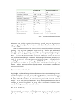 215
Capítulo8/AViaLáctea
Tabela 2- Propriedades das nebulosas fotoionizadas.
planetárias – e as nebulosas ionizadas colisionalmente, os restos de supernovas. Já mencionamos
alguns exemplos desses objetos. As principais propriedades das nebulosas fotoionizadas estão rela-
cionadas na tabela 2.
Uma característica interessante das nebulosas fotoionizadas é que a interface entre a região
ionizada e o meio interestelar geral é muito estreita, menor que o tamanho típico dessas regiões.
Isto se deve ao fato de que a distância percorrida por um fóton ionizante é pequena, isto é, a
densidade de átomos de H é alta o suficiente para que o fóton seja absorvido rapidamente. Dessa
forma, a região ionizada é relativamente bem definida, com as dimensões indicadas na tabela 2. No
caso simples de uma única estrela e uma nuvem homogênea, a região ionizada é esférica, caracte-
rizada por seu raio, o raio de Strömgren, assim chamado em homenagem à análise pioneira feita
em 1939, pelo astrônomo sueco Bengt Strömgren (1908-1987). Uma consequência disso é que o
grau de ionização da nebulosa, ou seja, a fração de átomos ionizados, é essencialmente igual a um
em toda a nebulosa, caindo rapidamente a zero nas bordas da região, onde está a interface com o
meio interestelar neutro.
8.4.8 Abundâncias interestelares
Determinadas as condições físicas das nebulosas fotoionizadas, essencialmente sua temperatura ele-
trônica e densidade eletrônica, pode-se obter sua composição química com precisão relativamente
alta,pois essas nebulosas apresentam linhas de emissão brilhantes de muitos elementos como H,He,
C, N, Ne, Ar, S etc. Esses resultados são muito interessantes para o estudo da evolução química da
Galáxia, já que, em geral, é difícil obter abundâncias precisas desses elementos nas estrelas.Assim, os
resultados das nebulosas fotoionizadas e das estrelas podem ser combinados, produzindo vínculos
mais significativos para os modelos de evolução galáctica.
8.4.9 Poeira interestelar
A poeira interestelar tem pelo menos três efeitos importantes e observáveis: a extinção interestelar, a
polarização interestelar e a emissão de energia na faixa infravermelha do espectro.A extinção interes-
Regiões H II Nebulosas planetárias
Tipo espectral O, B O, W
Temperatura efetiva 30.000 - 50.000 K 30.000 - 300.000 K
População I jovem I velha – II
Temperatura eletrônica 104
K 104
K
Densidade eletrônica 10 - 102
cm-3
102
- 104
cm-3
Massa total 102
- 104
M 0,01- 1 M
Dimensão típica 10 pc 0,5 pc
Estado do H H+
H+
Estado do He He+
He+
, He++
Elementos pesados ionizados ionizados
Velocidade típica 10 km/s (térmica) 25 km/s (expansão)
 
