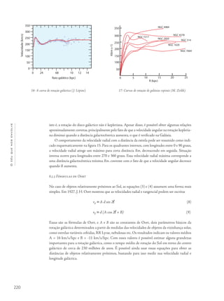 220
Océuquenosenvolve
isto é, a rotação do disco galáctico não é kepleriana. Apesar disso, é possível obter algumas relações
aproximadamente corretas,principalmente pelo fato de que a velocidade angular na rotação kepleria-
na diminui quando a distância galactocêntrica aumenta, o que é verificado na Galáxia.
O comportamento da velocidade radial com a distância da estrela pode ser resumido como indi-
cado esquematicamente na figura 15. Para os quadrantes internos, com longitudes entre 0 e 90 graus,
a velocidade radial atinge um máximo para certa distância Rm, decrescendo em seguida. Situação
inversa ocorre para longitudes entre 270 e 360 graus. Essa velocidade radial máxima corresponde a
uma distância galactocêntrica mínima Rm. coerente com o fato de que a velocidade angular decresce
quando R aumenta.
8.5.3 Fórmulas de Oort
No caso de objetos relativamente próximos ao Sol, as equações (3) e (4) assumem uma forma mais
simples. Em 1927, J. H. Oort mostrou que as velocidades radial e tangencial podem ser escritas
vr  A d sin 2l (8)
vt  d (A cos 2l + B) (9)
Essas são as fórmulas de Oort, e A e B são as constantes de Oort, dois parâmetros básicos da
rotação galáctica determinados a partir de medidas das velocidades de objetos da vizinhança solar,
como estrelas variáveis cefeidas, RR Lyrae, nebulosas etc. Os resultados indicam os valores médios
A = 16 km/s/kpc e B = -11 km/s/kpc. Com esses valores é possível estimar alguns grandezas
importantes para a rotação galáctica, como o tempo médio de rotação do Sol em torno do centro
galáctico de cerca de 230 milhões de anos. É possível ainda usar essas equações para obter as
distâncias de objetos relativamente próximos, bastando para isso medir sua velocidade radial e
longitude galáctica.
17- Curvas de rotação de galáxias espirais (M. Zeilik).16- A curva de rotação galáctica (J. Lépine).
350
250
150
50
100
200
300
θ(kms-1)
R (kpc)
0 10 20 25155
NGC 7664
NGC 1620
NGC 314
NGC 2950
NGC 4378
NGC 7217
NGC 4984
0
Raio galático (kpc)
24 68 10 12 14
350
250
150
50
300
200
100
0
Velocidade(km/s)
 