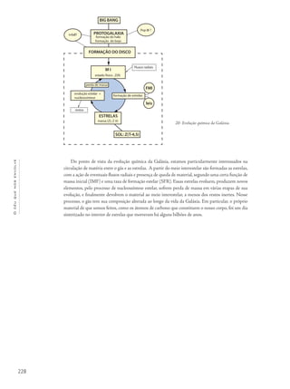 228
Océuquenosenvolve
Do ponto de vista da evolução química da Galáxia, estamos particularmente interessados na
circulação de matéria entre o gás e as estrelas. A partir do meio interestelar são formadas as estrelas,
com a ação de eventuais fluxos radiais e presença de queda de material, segundo uma certa função de
massa inicial (IMF) e uma taxa de formação estelar (SFR). Essas estrelas evoluem, produzem novos
elementos, pelo processo de nucleossíntese estelar, sofrem perda de massa em várias etapas de sua
evolução, e finalmente devolvem o material ao meio interestelar, a menos dos restos inertes. Nesse
processo, o gás tem sua composição alterada ao longo da vida da Galáxia. Em particular, o próprio
material de que somos feitos, como os átomos de carbono que constituem o nosso corpo, foi um dia
sintetizado no interior de estrelas que morreram há alguns bilhões de anos.
20- Evolução química da Galáxia.
 