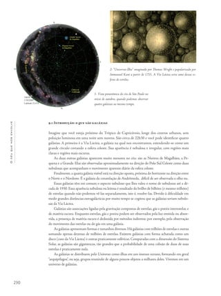 230
Océuquenosenvolve
9.1 Introdução: o que são galáxias
Imagine que você esteja próximo do Trópico de Capricórnio, longe dos centros urbanos, sem
poluição luminosa em uma noite sem nuvens. São cerca de 22h30 e você pode identificar quatro
galáxias. A primeira é a Via Láctea, a galáxia na qual nos encontramos, estendendo-se como um
grande círculo cortando a esfera celeste. Sua aparência é nebulosa e irregular, com regiões mais
claras e regiões mais escuras.
As duas outras galáxias aparecem muito menores no céu: são as Nuvens de Magalhães, a Pe-
quena e a Grande. Elas são observadas aproximadamente na direção do Polo Sul Celeste como duas
nebulosas que acompanham o movimento aparente diário da esfera celeste.
Finalmente, a quarta galáxia visível está na direção oposta, próxima do horizonte na direção entre
o Norte e o Nordeste. É a galáxia da constelação de Andrômeda, difícil de ser observada a olho nu.
Essas galáxias têm em comum o aspecto nebuloso que lhes valeu o nome de nebulosas até a dé-
cada de 1930. Essa aparência nebulosa ou leitosa é resultado do brilho de bilhões (e mesmo trilhões)
de estrelas quando não podemos vê-las separadamente, isto é, resolve-las. Devido à dificuldade em
medir grandes distâncias extragalácticas por muito tempo se cogitou que as galáxias seriam nebulo-
sas da Via Láctea.
Galáxias são associações ligadas pela gravitação compostas de estrelas, gás e poeira interestelar, e
de matéria escura. Enquanto estrelas, gás e poeira podem ser observados pela luz emitida ou absor-
vida, a presença de matéria escura é deduzida por métodos indiretos: por exemplo, pela observação
do movimento das estrelas ou do gás em uma galáxia.
As galáxias apresentam formas e tamanhos diversos.Há galáxias com trilhões de estrelas e outras
somando apenas dezenas de milhões de estrelas. Existem galáxias com forma achatada como um
disco (caso da Via Láctea) e outras praticamente esféricas. Comparadas com a dimensão do Sistema
Solar, as galáxias são gigantescas, tão grandes que a probabilidade de uma colisão de duas de suas
estrelas é praticamente nula.
As galáxias se distribuem pelo Universo como ilhas em um imenso oceano, formando em geral
“arquipélagos”, ou seja, grupos reunindo de alguns poucos objetos a milhares deles. Vivemos em um
universo de galáxias.
1- Vista panorâmica do céu de São Paulo no
início de outubro, quando podemos observar
quatro galáxias ao mesmo tempo.
2- “Universos-Ilha” imaginado por Thomas Wright e popularizado por
Immanuel Kant a partir de 1755. A Via Láctea seria uma dessas es-
feras de estrelas.
 