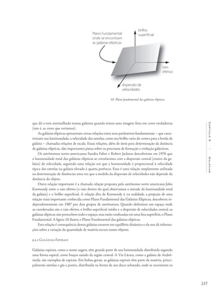 237
Capítulo9/Galáxias
que dá o tom avermelhado nestas galáxias quando temos uma imagem feita em cores verdadeiras
(isto é, as cores que veríamos).
As galáxias elípticas apresentam certas relações entre seus parâmetros fundamentais – que carac-
terizam sua luminosidade, a velocidade das estrelas, como seu brilho varia do centro para a borda da
galáxia – chamadas relações de escala. Essas relações, além de úteis para determinação da distância
de galáxias elípticas, dão importantes pistas sobre os processos de formação e evolução galácticos.
Os astrônomos norte-americanos Sandra Faber e Robert Jackson descobriram em 1976 que
a luminosidade total das galáxias elípticas se correlaciona com a dispersão central (centro da ga-
láxia) de velocidade, seguindo uma relação em que a luminosidade é proporcional à velocidade
típica das estrelas na galáxia elevada à quarta potência. Essa é uma relação amplamente utilizada
na determinação de distâncias uma vez que a medida da dispersão de velocidades não depende da
distância do objeto.
Outra relação importante é a chamada relação proposta pelo astrônomo norte-americano John
Kormendy entre o raio efetivo (o raio dentro do qual observamos a metade da luminosidade total
da galáxia) e o brilho superficial. A relação dita de Kormendy é, na realidade, a projeção de uma
relação mais importante conhecida como Plano Fundamental das Galáxias Elípticas, descoberta in-
dependentemente em 1987 por dois grupos de astrônomos. Quando definimos um espaço onde
as coordenadas são o raio efetivo, o brilho superficial médio e a dispersão de velocidades central, as
galáxias elípticas não preenchem todo o espaço,mas estão confinadas em uma fina superfície,o Plano
Fundamental. A figura 10 ilustra o Plano Fundamental das galáxias elípticas.
Esta relação é consequência destas galáxias estarem em equilíbrio dinâmico e ela nos dá informa-
ções sobre a variação da quantidade de matéria escura nestes objetos.
9.3.2 Galáxias Espirais
Galáxias espirais, como o nome sugere, têm grande parte de sua luminosidade distribuída segundo
uma forma espiral, como braços saindo da região central. A Via Láctea, como a galáxia de Andrô-
meda, são exemplos de espirais. Em linhas gerais, as galáxias espirais têm parte da matéria, princi-
palmente estrelas e gás e poeira, distribuída na forma de um disco achatado, onde se encontram os
10- Plano fundamental das galáxias elípticas.
 