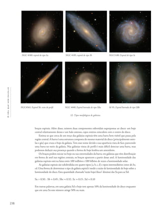 238
Océuquenosenvolve
braços espirais. Além disso, existem duas componentes esferoidais superpostas ao disco: um bojo
central relativamente denso e um halo extenso, cujos centros coincidem com o centro do disco.
Estima-se que cerca de um terço das galáxias espirais têm uma barra bem visível que passa pela
região central.A barra é uma estrutura composta do mesmo material do disco (principalmente estre-
las e gás) que cruza o bojo da galáxia.Tem esse nome devido a sua aparência vista de face, parecendo
uma barra no meio da galáxia. Nas galáxias vistas de perfil é mais difícil detectar uma barra, mas
podemos deduzir sua presença quando a forma do bojo lembra um amendoim.
Os braços podem iniciar no bojo ou nas extremidades da barra; em galáxias que têm distribuição
em forma de anel nas regiões centrais, os braços aparecem a partir desse anel. A luminosidade das
galáxias espirais está na faixa entre 100 milhões e 100 bilhões de vezes a luminosidade solar.
As galáxias espirais são subdivididas em quatro tipos (a, b, c, d) e tipos intermediários como ab, bc,
cd. Uma forma de determinar o tipo da galáxia espiral é medir a razão de luminosidade do bojo sobre a
luminosidade do disco. Esta quantidade chamada“razão bojo/disco” diminui das Sa para as Sd:
Sa > 0,50 ; Sb ≈ 0,45 ; Sbc ≈ 0,32 ; Sc ≈ 0,15 ; Sd ≈ 0,10
Em outras palavras, em uma galáxia Sd o bojo tem apenas 10% da luminosidade do disco enquanto
que em uma Sa este número atinge 50% ou mais.
NGC 4580, espiral de tipo Sa NGC 4185, espiral de tipo Sb NGC3180, Espiral de tipo Sc
NGC4565, Espiral Sb, vista de perfil NGC 4440, Espiral barrada de tipo SBa M 95, Espiral barrada de tipo SBb
12- Tipos morfológicos de galáxias.
 