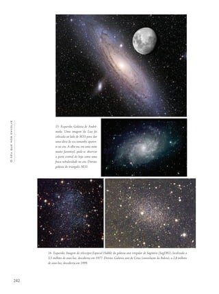 242
Océuquenosenvolve
15- Esquerda: Galáxia de Andrô-
meda. Uma imagem da Lua foi
colocada ao lado de M31 para dar
uma ideia do seu tamanho aparen-
te no céu. A olho nu, em uma noite
muito favorável, pode-se observar
a parte central do bojo como uma
fraca nebulosidade no céu. Direita:
galáxia do triangulo, M33.
16- Esquerda: Imagem do telescópio Espacial Hubble da galáxia anã irregular de Sagitário (SagDIG), localizada a
3,5 milhões de anos-luz, descoberta em 1977. Direita: Galáxia anã de Cetus (constelação da Baleia), a 2,8 milhões
de anos-luz, descoberta em 1999.
 