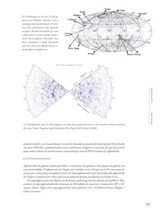 245
Capítulo9/Galáxias
ponente invisível, ou a“massa faltante”como já foi chamada no passado, foi detectada por Fritz Zwicky
nos anos 1930. Ele e, posteriormente, outros astrônomos, chegaram à conclusão de que havia muito
mais massa na forma de matéria escura, responsável por cerca de 85% da matéria do aglomerado.
9.5.4 Superaglomerados
Aglomerados de galáxias podem perturbar o movimento das galáxias e dos grupos de galáxias nas
suas proximidades. O aglomerado de Virgem, por exemplo, atrai o Grupo Local. Por essa razão di-
zemos que o nosso grupo de galáxias é parte do Superaglomerado Local, dominado pelo aglomerado
de Virgem e composto por várias dezenas de pequenos grupos, semelhantes ao Grupo Local.
Os superaglomerados são objetos em formação, ainda longe de uma situação de equilíbrio. Tipi-
camente os superaglomerados têm dimensão de 100 milhões de anos-luz e massas entre 1016
e 1017
massas solares. Alguns dos superaglomerados mais próximos são o de Perseus-Peixes, Shapley e
Hidra-Centauro.
20- Distribuição no céu das 23 mil ga-
láxias mais brilhantes. Podemos notar a
inomogeneidade da distribuição. As estru-
turas mais proeminentes estão marcadas
na figura. Na faixa horizontal, que corta
a esfera celeste em duas metades, pratica-
mente não há galáxias observadas. Essa
faixa corresponde à região obscurecida
pela Via Láctea, que dificulta muito a vi-
são de objetos extragalácticos.
21- Distribuição de mais de 100 mil galáxias em duas fatias opostas do universo. Nós estamos no vértice central dos
dois cones (Fonte: Programa Anglo-Australiano Two-Degree Field Galaxy Redshift).
 