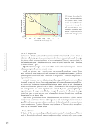 272
Océuquenosenvolve
• A era da energia escura
Como vimos, a densidade de matéria decaiu com o inverso do fator de escala do Universo elevado ao
cubo (isto é, diminui proporcionalmente ao aumento do volume), enquanto a densidade de energia
da radiação reduziu-se proporcionalmente ao inverso da escala do Universo à quarta potência. Ao
entrar na era da matéria, a densidade de radiação cósmica se tornava desprezível frente à densidade
de matéria existente à época.
Quando o Universo chegou à idade de dez bilhões de anos outra componente passou a dominar
o balanço energético do universo: a energia escura.
Ainda não sabemos o que é a energia escura, mas temos evidências de sua presença devido
a um conjunto de observações. Admitindo o modelo mais simples de energia escura, preferido
para interpretar as observações feitas, a densidade de energia escura é constante, independente da
expansão cósmica.
A energia escura tem uma propriedade muito peculiar, sua pressão é negativa, proporcional à sua
densidade no caso mais simples. Essa pressão negativa age de forma a acelerar a expansão do Univer-
so cada vez mais rapidamente. Antes de o Universo chegar aos dez bilhões de anos a densidade de
energia escura era menor que a densidade de matéria e radiação, fazendo com que a pressão negativa
não fosse significativa. Isso é muito importante para a formação de galáxias e grupos de galáxias, pois
a pressão negativa da energia escura dificulta a formação de estruturas. Se a densidade de energia
escura fosse maior no nosso universo, nossa galáxia poderia não ter se formado, o que impediria a
formação do Sol e do Sistema Solar.
Nos últimos quatro bilhões de anos, o Universo está em fase de expansão acelerada devido à
energia escura. Atualmente, o Universo está se expandindo cada vez mais rapidamente. Em mais al-
guns bilhões de anos, a expansão será exponencialmente rápida e a formação de estruturas cósmicas
cessará completamente. O maiores objetos que poderão colapsar no Universo serão os superaglome-
rados com até cerca de 1017
massas solares.
• Futuro do Universo
O destino do Universo depende da quantidade de matéria e energia. A evolução futura do Universo
pode ser determinada conhecendo sua composição, mas também precisamos saber como a energia
19- Evolução da densidade (r)
das três principais componentes
do Universo: energia escura,
matéria (escura e bariônica), e
radiação. As eras são definidas
pela intersecção da reta repre-
sentando a densidade de maté-
ria com a densidade de radiação
e a densidade de energia escura.
 