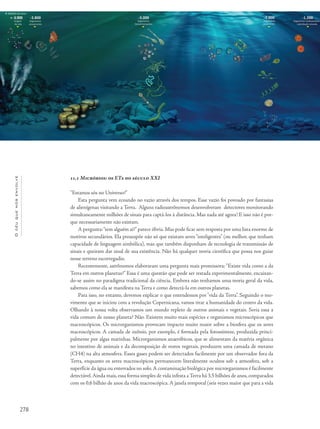 278
Océuquenosenvolve
11.1 Micróbios: os ETs do século XXI
“Estamos sós no Universo?”
Esta pergunta vem ecoando no vazio através dos tempos. Esse vazio foi povoado por fantasias
de alienígenas visitando a Terra. Alguns radioastrônomos desenvolveram detectores monitorando
simultaneamente milhões de sinais para captá-los à distância. Mas nada até agora! E isso não é por-
que necessariamente não existam.
A pergunta:“tem alguém aí?” parece óbvia. Mas pode ficar sem resposta por uma lista enorme de
motivos secundários. Ela pressupõe não só que existam seres“inteligentes” (ou melhor, que tenham
capacidade de linguagem simbólica), mas que também disponham de tecnologia de transmissão de
sinais e queiram dar sinal de sua existência. Não há qualquer teoria científica que possa nos guiar
nesse terreno escorregadio.
Recentemente, astrônomos elaboraram uma pergunta mais promissora:“Existe vida como a da
Terra em outros planetas?” Essa é uma questão que pode ser testada experimentalmente, encaixan-
do-se assim no paradigma tradicional da ciência. Embora não tenhamos uma teoria geral da vida,
sabemos como ela se manifesta na Terra e como detectá-la em outros planetas.
Para isso, no entanto, devemos explicar o que entendemos por “vida da Terra”. Seguindo o mo-
vimento que se iniciou com a revolução Copernicana, vamos tirar a humanidade do centro da vida.
Olhando à nossa volta observamos um mundo repleto de outros animais e vegetais. Seria essa a
vida comum de nosso planeta? Não. Existem muito mais espécies e organismos microscópicos que
macroscópicos. Os microrganismos provocam impacto muito maior sobre a biosfera que os seres
macroscópicos. A camada de ozônio, por exemplo, é formada pela fotossíntese, produzida princi-
palmente por algas marinhas. Microrganismos anaeróbicos, que se alimentam da matéria orgânica
no intestino de animais e da decomposição de restos vegetais, produzem uma camada de metano
(CH4) na alta atmosfera. Esses gases podem ser detectados facilmente por um observador fora da
Terra, enquanto os seres macroscópicos permanecem literalmente ocultos sob a atmosfera, sob a
superfície da água ou enterrados no solo.A contaminação biológica por microrganismos é facilmente
detectável.Ainda mais, essa forma simples de vida infesta a Terra há 3,5 bilhões de anos, comparados
com os 0,6 bilhão de anos da vida macroscópica. A janela temporal (seis vezes maior que para a vida
 