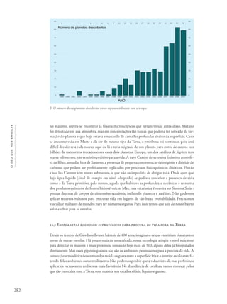 282
Océuquenosenvolve
no máximo, espera-se encontrar lá fósseis microscópicos que teriam vivido antes disso. Metano
foi detectado em sua atmosfera, mas em concentrações tão baixas que poderia ter sobrado da for-
mação do planeta e que hoje estaria emanando de camadas profundas abaixo da superfície. Caso
se encontre vida em Marte e ela for do mesmo tipo da Terra, o problema vai continuar, pois será
difícil decidir se a vida nasceu aqui ou lá e teria migrado de um planeta para outro de carona nos
bilhões de meteoritos trocados entre esses dois planetas. Europa, um dos satélites de Júpiter, tem
mares submersos, não sendo impeditivo para a vida.A nave Cassini detectou na finíssima atmosfe-
ra de Rhea, uma das luas de Saturno, a presença de pequena concentração de oxigênio e dióxido de
carbono, que podem ser perfeitamente explicados por processos físicoquímicos abióticos. Plutão
e sua lua Caronte têm mares submersos, o que não os impediria de abrigar vida. Onde quer que
haja água líquida (sinal de energia em nível adequado) se poderia conceber a presença de vida
como a da Terra primitiva, pelo menos, aquela que habitava as profundezas oceânicas e se nutria
dos produtos químicos de fontes hidrotérmicas. Mas, essa estatística é restrita no Sistema Solar:
poucas dezenas de corpos de dimensões razoáveis, incluindo planetas e satélites. Não podemos
aplicar recursos vultosos para procurar vida em lugares de tão baixa probabilidade. Precisamos
vasculhar milhares de mundos para ter números seguros. Para isso, temos que sair do nosso bairro
solar e olhar para as estrelas.
11.5 Exoplanetas rochosos: estratégicos para procura de vida fora da Terra
Desde os tempos de Giordano Bruno, há mais de 400 anos, imaginava-se que existiriam planetas em
torno de outras estrelas. Há pouco mais de uma década, nossa tecnologia atingiu o nível suficiente
para detectar os maiores e mais próximos, somando hoje mais de 500, alguns deles já fotografados
diretamente. Mas esses gigantes gasosos não são os ambientes promissores para a procura da vida.A
convecção atmosférica desses mundos recicla os gases entre a superfície fria e o interior escaldante,fa-
zendo deles ambientes autoesterilizantes. Não podemos proibir que a vida exista ali, mas preferimos
aplicar os recursos em ambientes mais favoráveis. Na abundância de escolhas, vamos começar pelos
que são parecidos com a Terra, com matéria nos estados sólido, líquido e gasoso.
3- O número de exoplanetas descobertos cresce exponencialmente com o tempo.
 