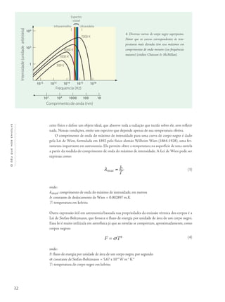 32
Océuquenosenvolve
ceito físico e define um objeto ideal, que absorve toda a radiação que incide sobre ele, sem refletir
nada. Nessas condições, emite um espectro que depende apenas de sua temperatura efetiva.
O comprimento de onda do máximo de intensidade para uma curva de corpo negro é dado
pela Lei de Wien, formulada em 1892 pelo físico alemão Wilheim Wien (1864-1928), uma fer-
ramenta importante em astronomia. Ela permite obter a temperatura na superfície de uma estrela
a partir da medida do comprimento de onda do máximo de intensidade. A Lei de Wien pode ser
expressa como:
λmax = b
T
onde:
λmax: comprimento de onda do máximo de intensidade, em metros
b: constante de deslocamento de Wien = 0.002897 m.K
T: temperatura em kelvins
Outra expressão útil em astronomia baseada nas propriedades da emissão térmica dos corpos é a
Lei de Stefan-Boltzmann, que fornece o fluxo de energia por unidade de área de um corpo negro.
Essa lei é muito utilizada em astrofísica já que as estrelas se comportam, aproximadamente, como
corpos negros:
F = σT4
onde:
F: fluxo de energia por unidade de área de um corpo negro, por segundo
σ: constante de Stefan-Boltzmann = 5,67 x 10-8
W m-2
K-4
T: temperatura do corpo negro em kelvins
4- Diversas curvas de corpo negro superpostas.
Notar que as curvas correspondentes às tem-
peraturas mais elevadas têm seus máximos em
comprimentos de onda menores (ou frequências
maiores) [crédito: Chaisson & McMillan].
(3)
(4)
 