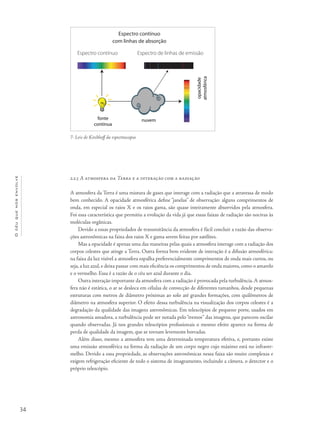 34
Océuquenosenvolve
2.2.5 A atmosfera da Terra e a interação com a radiação
A atmosfera da Terra é uma mistura de gases que interage com a radiação que a atravessa de modo
bem conhecido. A opacidade atmosférica define “janelas” de observação: alguns comprimentos de
onda, em especial os raios X e os raios gama, são quase inteiramente absorvidos pela atmosfera.
Foi essa característica que permitiu a evolução da vida já que essas faixas de radiação são nocivas às
moléculas orgânicas.
Devido a essas propriedades de transmitância da atmosfera é fácil concluir a razão das observa-
ções astronômicas na faixa dos raios X e gama serem feitas por satélites.
Mas a opacidade é apenas uma das maneiras pelas quais a atmosfera interage com a radiação dos
corpos celestes que atinge a Terra. Outra forma bem evidente de interação é a difusão atmosférica:
na faixa da luz visível a atmosfera espalha preferencialmente comprimentos de onda mais curtos, ou
seja,a luz azul,e deixa passar com mais eficiência os comprimentos de onda maiores,como o amarelo
e o vermelho. Essa é a razão de o céu ser azul durante o dia.
Outra interação importante da atmosfera com a radiação é provocada pela turbulência.A atmos-
fera não é estática, o ar se desloca em células de convecção de diferentes tamanhos, desde pequenas
estruturas com metros de diâmetro próximas ao solo até grandes formações, com quilômetros de
diâmetro na atmosfera superior. O efeito dessa turbulência na visualização dos corpos celestes é a
degradação da qualidade das imagens astronômicas. Em telescópios de pequeno porte, usados em
astronomia amadora, a turbulência pode ser notada pelo“tremor” das imagens, que parecem oscilar
quando observadas. Já nos grandes telescópios profissionais o mesmo efeito aparece na forma de
perda de qualidade da imagem, que se tornam levemente borradas.
Além disso, mesmo a atmosfera tem uma determinada temperatura efetiva, e, portanto existe
uma emissão atmosférica na forma da radiação de um corpo negro cujo máximo está no infraver-
melho. Devido a essa propriedade, as observações astronômicas nessa faixa são muito complexas e
exigem refrigeração eficiente de todo o sistema de imageamento, incluindo a câmera, o detector e o
próprio telescópio.
7- Leis de Kirchhoff da espectroscopia
Espectro contínuo Espectro de linhas de emissão
Espectro contínuo
com linhas de absorção
 