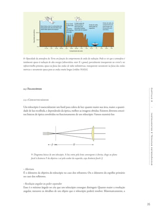 35
Capítulo2/InstrumentosETécnicasAstronômicas
2.3 Telescópios
2.3.1 Conceitos básicos
Um telescópio é essencialmente um funil para coleta de luz: quanto maior sua área, maior a quanti-
dade de luz recolhida, e dependendo da óptica, melhor as imagens obtidas. Existem diversos concei-
tos básicos de óptica envolvidos no funcionamento de um telescópio. Vamos examiná-los:
9- Diagrama básico de um telescópio. A luz entra pela lente convergente à direita, chega ao plano
focal à distância F da objetiva e sai pela ocular da esquerda, cuja distância focal é f.
• Abertura
É o diâmetro da objetiva do telescópio no caso dos refratores. Ou o diâmetro do espelho primário
no caso dos refletores.
• Resolução angular ou poder separador
Esse é o mínimo ângulo no céu que um telescópio consegue distinguir. Quanto maior a resolução
angular, menores os detalhes de um objeto que o telescópio poderá resolver. Matematicamente, a
8- Opacidade da atmosfera da Terra em função do comprimento de onda da radiação. Pode-se ver que a atmosfera é
totalmente opaca à radiação de alta energia (ultravioleta, raios X e gama), parcialmente transparente no visível e no
infravermelho próximo, opaca na faixa das ondas de rádio milimétricas, transparente novamente na faixa das ondas
métricas e novamente opaca para as ondas muito longas (crédito: NASA).
Opacidadeatmosférica
0.1 nm 1 nm 10 nm 100 nm 1 µm 10 µm 100 µm 1 mm 10 cm1 µm 1 m 10 m 100 m 1 km
100 %
50 %
0 %
Comprimento de onda
Raios Gama, raios X e ultravioleta são
bloqueados pela alta atmosfera (são
observados apenas do espaço)
A luz visível
é observada
da
superfície,
com alguma
distorção
A maior parte do
infravermelho é
absorvida pela
atmosfera (melhor
observado do espaço)
Ondas de radio,
observadas na
superfície
Ondas de radio, de
comprimentos de
onda longos são
bloqueadas pela
atmosfera
 