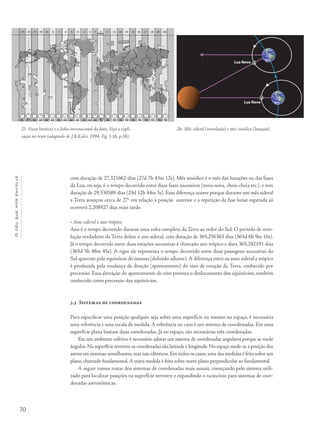 70
Océuquenosenvolve
com duração de 27,321662 dias (27d 7h 43m 12s). Mês sinódico é o mês das lunações ou das fases
da Lua, ou seja, é o tempo decorrido entre duas fases sucessivas (nova-nova, cheia-cheia etc.), e tem
duração de 29,530589 dias (29d 12h 44m 3s). Essa diferença ocorre porque durante um mês sideral
a Terra avançou cerca de 27o
em relação à posição anterior e a repetição da fase lunar esperada só
ocorrerá 2,208927 dias mais tarde.
• Ano sideral e ano trópico
Ano é o tempo decorrido durante uma volta completa da Terra ao redor do Sol. O período de revo-
lução verdadeiro da Terra define o ano sideral, com duração de 365,256363 dias (365d 6h 9m 10s).
Já o tempo decorrido entre duas estações sucessivas é chamado ano trópico e dura 365,242191 dias
(365d 5h 48m 45s). A rigor ele representa o tempo decorrido entre duas passagens sucessivas do
Sol aparente pelo equinócio do outono (definido adiante).A diferença entre os anos sideral e trópico
é produzida pela mudança de direção (apontamento) do eixo de rotação da Terra, conhecido por
precessão. Essa alteração do apontamento do eixo provoca o deslocamento dos equinócios, também
conhecido como precessão dos equinócios.
3.3 Sistemas de coordenadas
Para especificar uma posição qualquer, seja sobre uma superfície ou mesmo no espaço, é necessária
uma referência e uma escala de medida. A referência no caso é um sistema de coordenadas. Em uma
superfície plana bastam duas coordenadas. Já no espaço, são necessárias três coordenadas.
Em um ambiente esférico é necessário adotar um sistema de coordenadas angulares porque se mede
ângulos.Na superfície terrestre as coordenadas são latitude e longitude.No espaço mede-se a posição dos
astros em sistemas semelhantes,mas não idênticos.Em todos os casos,uma das medidas é feita sobre um
plano, chamado fundamental.A outra medida é feita sobre outro plano perpendicular ao fundamental.
A seguir vamos tratar dos sistemas de coordenadas mais usuais, começando pelo sistema utili-
zado para localizar posições na superfície terrestre e expandindo o raciocínio para sistemas de coor-
denadas astronômicas.
25- Fusos horários e a linha internacional da data. Veja a expli-
cação no texto (adaptado de J.B.Kaler, 1994, Fig. 3.16, p.38).
26- Mês sideral (translação) e mês sinódico (lunação).
Lua Nova
Lua Nova
MEIA
NOITEPM AM AM AM AM AM AM AM AM AM AM MEIO
DIA PM PM PM PM PM PM PM PM PM PMAM
+11 +12 -11 -10 -9 -8 -7 -6 -5 -4 -3 -2 -1 +10
horas
+2 +3 +4 +5 +6 +7 +8 +9 +10
 