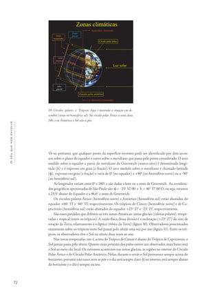 72
Océuquenosenvolve
Vê-se, portanto, que qualquer ponto da superfície terrestre pode ser identificado por dois arcos:
um sobre o plano do equador e outro sobre o meridiano que passa pelo ponto considerado. O arco
medido sobre o equador a partir do meridiano de Greenwich (marco zero) é denominado longi-
tude (l) e é expresso em grau (e fração). O arco medido sobre o meridiano é chamado latitude
(f), expresso em grau (e fração) e varia de 0o
(no equador) a +90o
(no hemisfério norte) ou a ‒90o
(no hemisfério sul).
As longitudes variam entre 0o
e 180o
, e são dadas a leste ou a oeste de Greenwich. As coordena-
das geográficas aproximadas de São Paulo são: f = ‒23o
32’ 00 e l = 46o
37’ 00 O; ou seja, estamos
a 23,5o
abaixo do Equador e a 46,6o
a oeste de Greenwich.
Os círculos polares Ártico (hemisfério norte) e Antártico (hemisfério sul) estão afastados do
equador +66o
33’ e ‒66o
33’, respectivamente. Os trópicos de Câncer (hemisfério norte) e de Ca-
pricórnio (hemisfério sul) estão afastados do equador +23o
27’ e ‒23o
27’, respectivamente.
São esses paralelos que definem as três zonas climáticas: zonas glaciais (calotas polares), tempe-
radas e tropical (entre os trópicos). A razão física dessa divisão é a inclinação (+23o
27’) do eixo de
rotação da Terra, relativamente à eclíptica (órbita da Terra) (figura 30). Observadores posicionados
exatamente sobre os trópicos veem Sol passar pelo zênite uma vez por ano (figura 31). Entre os tró-
picos, os observadores têm o Sol no zênite duas vezes ao ano.
Nas zonas temperadas, isto é, acima do Trópico de Câncer e abaixo do Trópico de Capricórnio, o
Sol jamais passa pelo zênite. Quanto mais próximo dos polos estiver um observador, mais baixo verá
o Sol ao meio-dia local. Os extremos acontecem nas zonas glaciais, as regiões no interior do Círculo
Polar Ártico e do Círculo Polar Antártico. Nelas, durante o verão o Sol permanece sempre acima do
horizonte; portanto não nasce nem se põe e o dia será sempre claro. Já no inverno, está sempre abaixo
do horizonte e o dia é sempre escuro.
29- Círculos polares e Trópicos. Aqui é mostrada a situação em de-
zembro (verão no hemisfério sul). No círculo polar Ártico a noite dura
24h, e no Antártico o Sol não se põe.
Hemisfério iluminado
Equador
Trópico de câncer
Trópico de capricórnio
zonas
temperadas
Zonas
glacial
Hemisfério iluminado
zona
tropical
zona
glacial
Círculo polar antártico
Círculo polar ártico
Zonas climáticas
Luz solar
 