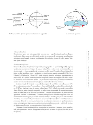 73
Capítulo3/movimentoaparentedocéu
• Coordenadas celestes
Consideremos agora não mais a superfície terrestre, mas a superfície da esfera celeste. Para se
localizar um objeto nessa superfície, pode-se valer de um sistema de coordenadas semelhante ao
geográfico, isto é, baseado em arcos medidos sobre determinados círculos da esfera celeste. Veja-
mos alguns exemplos.
- Coordenadas equatoriais
O sistema de coordenadas celestes mais parecido com o geográfico é o equatorial (figura 32).O plano
fundamental nesse sistema é o plano do equador celeste. Com a esfera celeste concêntrica à Terra, o
eixo de rotação e o plano do equador são os mesmos nos dois casos. O equador celeste divide a esfera
celeste em dois hemisférios (norte e sul,abaixo) e o eixo determina os polos norte e sul.O Polo Norte
Celeste (PNC) e Polo Sul Celeste (PSC) são as projeções dos polos geográficos norte e sul sobre a
esfera celeste. Já o equador celeste é a extensão do equador terrestre até a superfície da esfera celeste.
Os meridianos serão meridianos celestes, e os paralelos de latitude serão paralelos de coordenadas
celestes. Embora baseadas no mesmo princípio, as coordenadas não são as mesmas.
O eixo de rotação da Terra não é perpendicular ao plano de sua órbita e está inclinado em 23° e
27’ em relação a essa vertical. Por conta disso, o plano da órbita da Terra está também está inclinado
em 23o
27’ em relação ao plano do equador celeste (figura 33). A linha de intersecção entre os dois
planos define os nodos (pontos) equinociais na esfera celeste: o equinócio de outono ou primeiro
ponto de Áries (posição da Terra em 21 de março) e o equinócio de primavera ou ponto de Libra
(posição da Terra em 23 de setembro). Os pontos da eclíptica mais afastados do equador celeste são
os solstícios de inverno (posição da Terra em 21 de junho) e de verão (posição da Terra em 22 de
dezembro), não considerando, em todos esses casos, os anos bissextos. Para o hemisfério norte, os
pontos e as datas são os mesmos, mudam apenas as designações: na ordem em que foram citados
acima, serão equinócio de primavera, equinócio de outono, solstício de verão e solstício de inverno.
As designações refletem as estações sazonais de cada hemisfério.
Declinação (δ) é a coordenada celeste medida sobre os meridianos. Da mesma forma que a lati-
tude, ela também varia entre 0o
(no equador celeste) e +90o
(ao norte do equador) ou –90o
(ao sul
do equador).
30- Posições do Sol em diferentes épocas do ano. Compare com a figura 29.
21/junho
Solstício de inverno
23/Setembro
de primavera
21/Setembro
de outono
22/Dezembro
Solstício de verão
Equinócios
Trópico de
Câncer
Trópico de
Capricórnio
Equador
PS
PN
31- Coordenadas equatoriais.
3/32
 