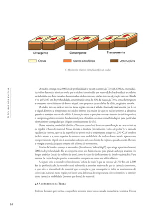 84
Océuquenosenvolve
O núcleo começa em 2.900 km de profundidade e vai até o centro da Terra (6.370 km, em média).
A análise das ondas sísmicas revela que o núcleo é constituído por material de alta densidade e também
está dividido em duas camadas denominadas núcleo externo e núcleo interno.A porção externa é fluida
e vai até 5.100 km de profundidade, concentrando cerca de 30% da massa da Terra, sendo homogênea
e composta essencialmente de ferro e níquel, com pequenas quantidades de silício, oxigênio e enxofre.
O núcleo interno está no interior dessa região externa, é sólido e formado basicamente por ferro
e níquel. Embora a temperatura no núcleo interno seja maior do que no núcleo externo, a altíssima
pressão o mantém em estado sólido.A interação entre as porções externa e interna do núcleo produz
o campo magnético terrestre, fundamental para a biosfera, ao atuar como blindagem para partículas
eletricamente carregadas que chegam continuamente do Sol.
Outra maneira possível de dividir a Terra em camadas é levar em consideração as características
de rigidez e fluxo de material. Nessa divisão, a litosfera (literalmente, "esfera de pedra") é a camada
rígida mais externa, que vai da superfície ao ponto onde a temperatura atinge os 1.250 o
C.A litosfera
inclui a crosta e a parte superior do manto e tem mobilidade. As rochas dessa camada apresentam
comportamento rúptil, isto é, acumulam esforços até o seu limite de ruptura, quando, então, liberam
a energia acumulada quase sempre sob a forma de terremotos.
Abaixo da litosfera começa a astenosfera (literalmente, "esfera frágil"), que atinge aproximadamente
700 km de profundidade. Ela se comporta como um fluido viscoso para grandes esforços atuantes em
longos períodos (escala de milhões de anos),como é o caso do deslocamento da litosfera acima dela.Para
eventos de curta duração, porém, a astenosfera comporta-se como um sólido elástico.
A seguir, vem a mesosfera (literalmente, "esfera do meio") que se estende de 700 km até 2.900
km de profundidade. A mesosfera está submetida a pressões maiores do que as camadas anteriores,
o que afeta a viscosidade do material que a compõe e, por consequência, inibe os movimentos de
convecção, naturais nesta região por haver uma diferença de temperatura entre o interior e o exterior
desta camada e mobilidade (mesmo que lenta) do material.
4.6 A superfície da Terra
Embora formada por rochas, a superfície terrestre não é uma camada monolítica e estática. Ela na
5- Movimentos relativos entre placas (fora de escala).
Divergente Convergente Transcorrente
Crosta Manto Litosférico Astenosfera
 