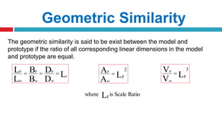 The geometric similarity is said to be exist between the model and
prototype if the ratio of all corresponding linear dimensions in the model
and prototype are equal.
Geometric Similarity
L
D
D
B
B
L
L
r
m
P
m
P
m
P
 LA
A
r
2
m
P
 LV
V
r
3
m
P

RatioScaleisrwhere L
 