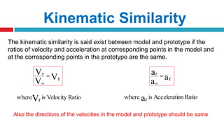 The kinematic similarity is said exist between model and prototype if the
ratios of velocity and acceleration at corresponding points in the model and
at the corresponding points in the prototype are the same.
Kinematic Similarity
VV
V
r
m
P
 aa
a
r
m
P

RatioVelocityisrwhereV RatioonAcceleratiisrwhere a
Also the directions of the velocities in the model and prototype should be same
 