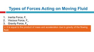 Types of Forces Acting on Moving Fluid
1. Inertia Force, Fi
2. Viscous Force, Fv
3. Gravity Force, Fg
 It is equal to the product of mass and acceleration due to gravity of the flowing
fluid.
 It is present in case of open surface flow
 