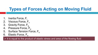 Types of Forces Acting on Moving Fluid
1. Inertia Force, Fi
2. Viscous Force, Fv
3. Gravity Force, Fg
4. Pressure Force, Fp
5. Surface Tension Force, Fs
6. Elastic Force, Fe
 It is equal to the product of elastic stress and area of the flowing fluid
 