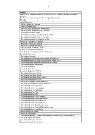 10
Registro
Registro de los Pacientes nuevos en la bd Index de todos los servidores de la red de inter-
operación
Registro de usuarios, roles y controles de seguridad de acceso
Consulta
Lista de Pacientes
Filtros a la Lista de Pacientes
Selección del Paciente
Consulta de datos demográficos del Paciente
Consulta de datos demográficos de Familiares
Consulta de datos del familiar
Consulta de datos socio-económicos de la familia
Consulta de datos de la institución de salud
Consulta de datos de Vivienda de la familia
Consulta de Prescripciones Medicas
Consulta de Ordenes de Farmacia
Consulta de Exámenes solicitados
Gráfico de Signos Vitales para adulto
Gráficos de Signos Vitales para niño
Consulta de Exámenes de Laboratorio efectuados
Consulta de Anamnesis
Consulta de Vacunas
Consulta de Contraindicaciones por reacción a la vacuna
Consulta de factores de salud (drogas, alcohol, tabaco, etc.)
Consulta de interacciones medicamentosas del Paciente
Consulta de alergias del Paciente
Consulta de Problemas
Consulta de Consulta
Consulta de Diagnóstico (CIE10)
Consulta de Valoración Clínica
Consulta de Valoración Mental
Consulta de Valoración Socio-Familiar
Consulta de Notas de Evolución
Consulta de Exámenes Clínicos efectuados
Consulta de procedimientos Clínicos efectuados
Consulta de Examen Ecográfico
Consulta de Examen Hematológico
Consulta de Examen Radiológico
Consulta de Examen REM
Consulta de Examen TAC
Consulta de Examen Clínico General
Consulta de Examen Físico de Abdomen
Consulta de Examen Físico de Cabeza
Consulta de Examen Físico de Cuello
Consulta de Examen Físico Genitourinario
Consulta de Examen Físico de Tórax y Pulmones
Consulta de Examen Neurológico
Consulta del Plan de Trabajo
Consulta de Tratamiento
Consulta de Ordenes: Exámenes, medicamentos, hospitalización, interconsulta, etc.
Consulta de Signos del Paciente
Consulta de Síntomas del Paciente
Consulta de ubicación del Síntoma
 