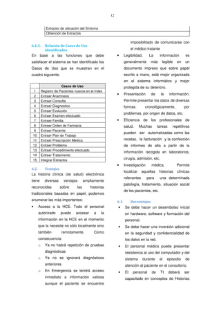 12
Extractor de ubicación del Síntoma
Obtención de Extractos
6.1.3. Relación de Casos de Uso
identificados
En base a las funciones que debe
satisfacer el sistema se han identificado los
Casos de Uso que se muestran en el
cuadro siguiente.
Casos de Uso
1 Registro de Pacientes nuevos en el Index
2 Extraer Anamnesis
3 Extraer Consulta
4 Extraer Diagnostico
5 Extraer Evolución
6 Extraer Examen efectuado
7 Extraer Familia
8 Extraer Orden de Farmacia
9 Extraer Paciente
10 Extraer Plan de Trabajo
11 Extraer Prescripción Medica
12 Extraer Problema
13 Extraer Procedimiento efectuado
14 Extraer Tratamiento
15 Integrar Extractos
6.2. Ventajas
La historia clínica (de salud) electrónica
tiene diversas ventajas ampliamente
reconocidas sobre las historias
tradicionales basadas en papel, podemos
enumerar las más importantes:
• Acceso a la HCE. Todo el personal
autorizado puede accesar a la
información en la HCE en el momento
que la necesite no sólo localmente sino
también remotamente. Como
consecuencia:
o Ya no habrá repetición de pruebas
diagnósticas
o Ya no se ignorará diagnósticos
anteriores
o En Emergencia se tendrá acceso
inmediato a información valiosa
aunque el paciente se encuentre
imposibilitado de comunicarse con
el médico tratante
• Legibilidad. La información es
generalmente más legible en un
documento impreso que sobre papel
escrito a mano, está mejor organizada
en el sistema informático y mejor
protegida de su deterioro.
• Presentación de la información.
Permite presentar los datos de diversas
formas: cronológicamente, por
problemas, por origen de datos, etc.
• Eficiencia de los profesionales de
salud. Muchas tareas repetitivas
pueden ser automatizadas como las
recetas, la facturación y la confección
de informes de alta a partir de la
información recogida en laboratorios,
cirugía, admisión, etc.
• Investigación médica. Permite
localizar aquellas historias clínicas
relevantes para una determinada
patología, tratamiento, situación social
de los pacientes, etc.
6.3. Desventajas
• Se debe hacer un desembolso inicial
en hardware, software y formación del
personal.
• Se debe hacer una inversión adicional
en la seguridad y confidencialidad de
los datos en la red.
• El personal médico puede presentar
resistencia al uso del computador y del
sistema durante el episodio de
atención al paciente en el consultorio.
• El personal de TI deberá ser
capacitado en conceptos de Historias
 