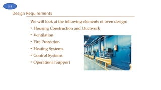 Design Requirements
We will look at the following elements of oven design:
• Housing Construction and Ductwork
• Ventilation
• Fire Protection
• Heating Systems
• Control Systems
• Operational Support
5.4
 
