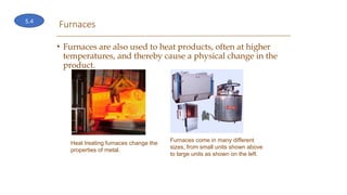 Furnaces
• Furnaces are also used to heat products, often at higher
temperatures, and thereby cause a physical change in the
product.
Heat treating furnaces change the
properties of metal.
Furnaces come in many different
sizes, from small units shown above
to large units as shown on the left.
5.4
 