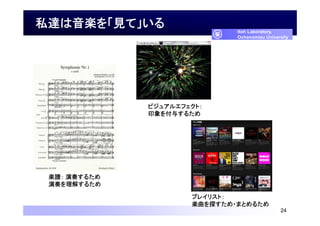 私達は音楽を「見て」いる
24
Itoh Laboratory,
Ochanomizu University
楽譜： 演奏するため
演奏を理解するため
ビジュアルエフェクト：
印象を付与するため
プレイリスト：
楽曲を探すため・まとめるため
 