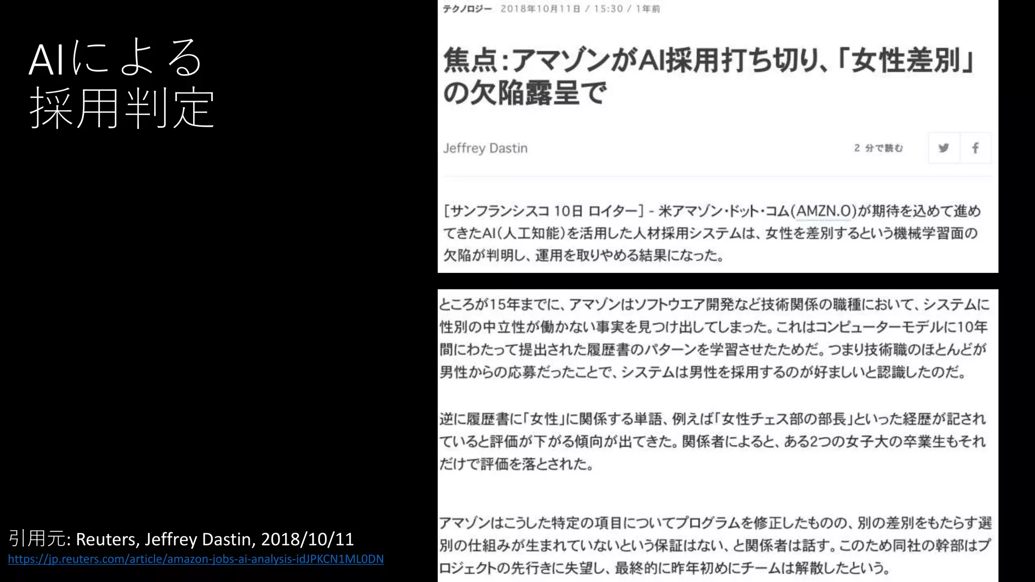 AIによる
採用判定
引用元: Reuters, Jeffrey Dastin, 2018/10/11
https://jp.reuters.com/article/amazon-jobs-ai-analysis-idJPKCN1ML0DN
 