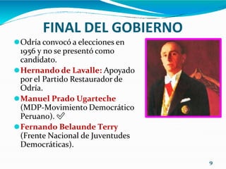 FINAL DEL GOBIERNO
⚫Odría convocó a elecciones en
1956 y no se presentó como
candidato.
⚫Hernando de Lavalle: Apoyado
por el Partido Restaurador de
Odría.
⚫Manuel Prado Ugarteche
(MDP-Movimiento Democrático
Peruano). ✅
⚫Fernando Belaunde Terry
(Frente Nacional de Juventudes
Democráticas).
9
 