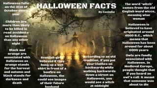 Halloween falls
on the 31st of
October every
year
Children are
more than likely
to be killed in
road accidents
on Halloween
than any other
night
HALLOWEEN FACTS
Black and
orange are
associated with
Halloween as
orange stands
for the harvest
and autumn and
black stands for
darkness and
death
The word ‘witch’
comes from the old
English word wicce,
meaning wise
woman
Halloween is
believed to have
originated around
4000 B.C., which
means that
Halloween has been
around for about
6000 years
Owls are fondly
associated with
Halloween. In
Medieval Europe,
people thought that
if you heard an
owl’s call it meant
that someone was
about to die
By Caoimhe
Scottish girls
believed if they
hung up a wet
shirt in front of a
bonfire on
Halloween, the
could see images
of their future
husband
According to an old
tradition, if you put
your clothes on
backwards while
walking backwards
down a street on
Halloween, you
would see a witch
at midnight
 
