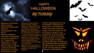 HALLOWEEN
Halloween is the second
highest grossing
commercial holiday after
Christmas.
Samhainophobia is the
fear of
Halloween.Halloween
celebrations in Hong Kong
are known as Yue Lan or
the “Festival of the
Hungry Ghosts” during
which fires are lit and
food and gifts are offered
to placate potentially
angry ghosts who might
be looking for revenge.
Fifty percent of kids prefer to
receive chocolate candy for
Halloween, compared with 24%
who prefer non-chocolate candy
and 10% who preferred gum.
Halloween also called All Hallows’
Eve, takes place on 31 October. It
is a time when people dress up in
costumes, go trick-or-treating and
carve jack-o’-lanterns from
hollowed-out pumpkins. Several
ancient festivals held in the
autumn helped create the holiday
that exists today.
Scarecrows are very popular at
Halloween and usually people put
pumpkins as heads on the
scarecrow.
Ireland is typically believed to be
the birthplace of Halloween.In
ancient times, the holiday was
marked by customs started by
pagans, who were people who did
not believe in one god. It was
believed that on the last night of
October, the spirits of the dead
roamed the Earth. To scare them
away, the pagans lit bonfires...
In England they don’t do Halloween
they do Bonfire Night and they burn
old stuff and this is on November
the 5th. The Irish name for Happy
Halloween is Oíche Shamhna.
HAPPY
BY TOMMY
 